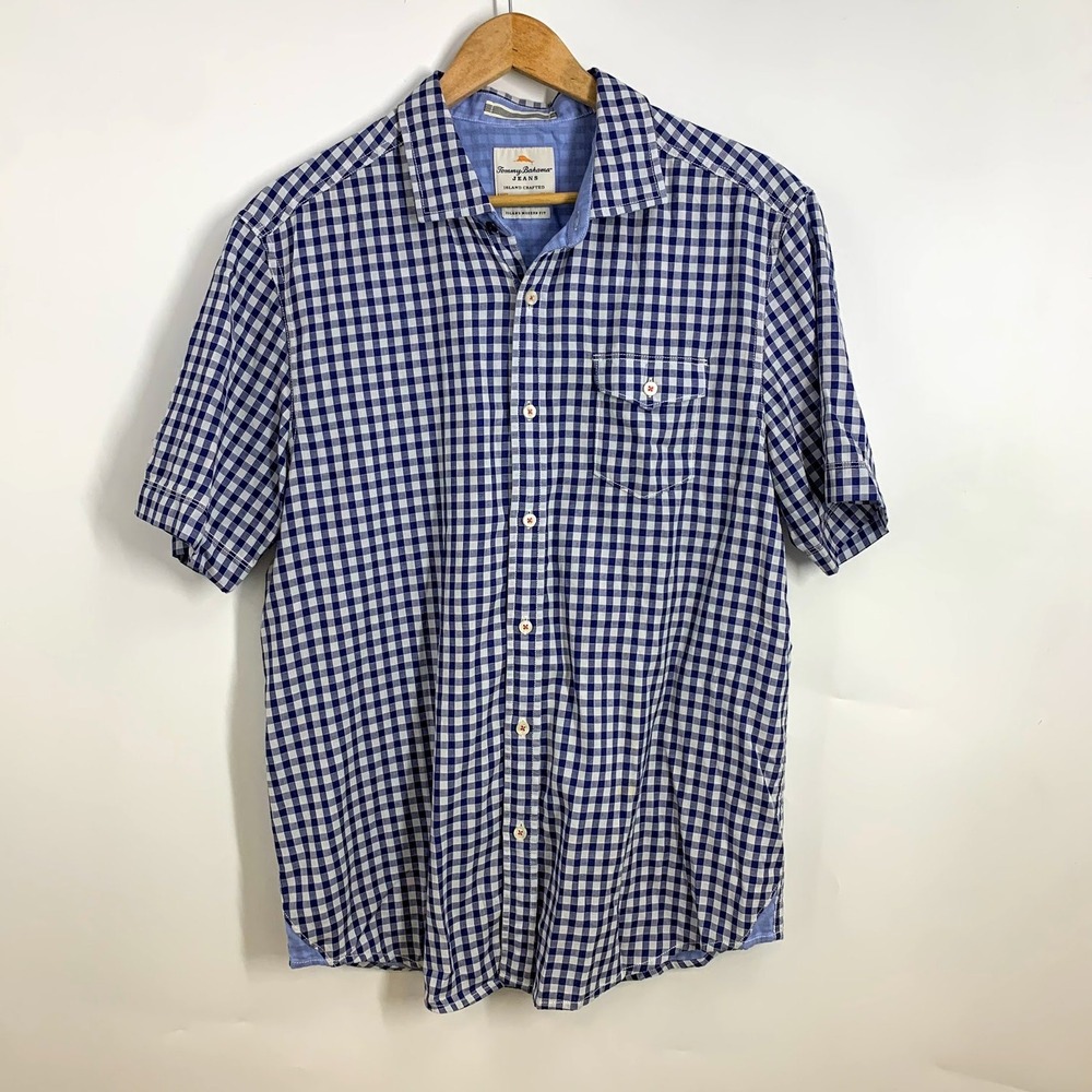 Tommy Bahama Jeans Mens Blue Gingham Short Sleeve Island Modern Fit Shirt Size M